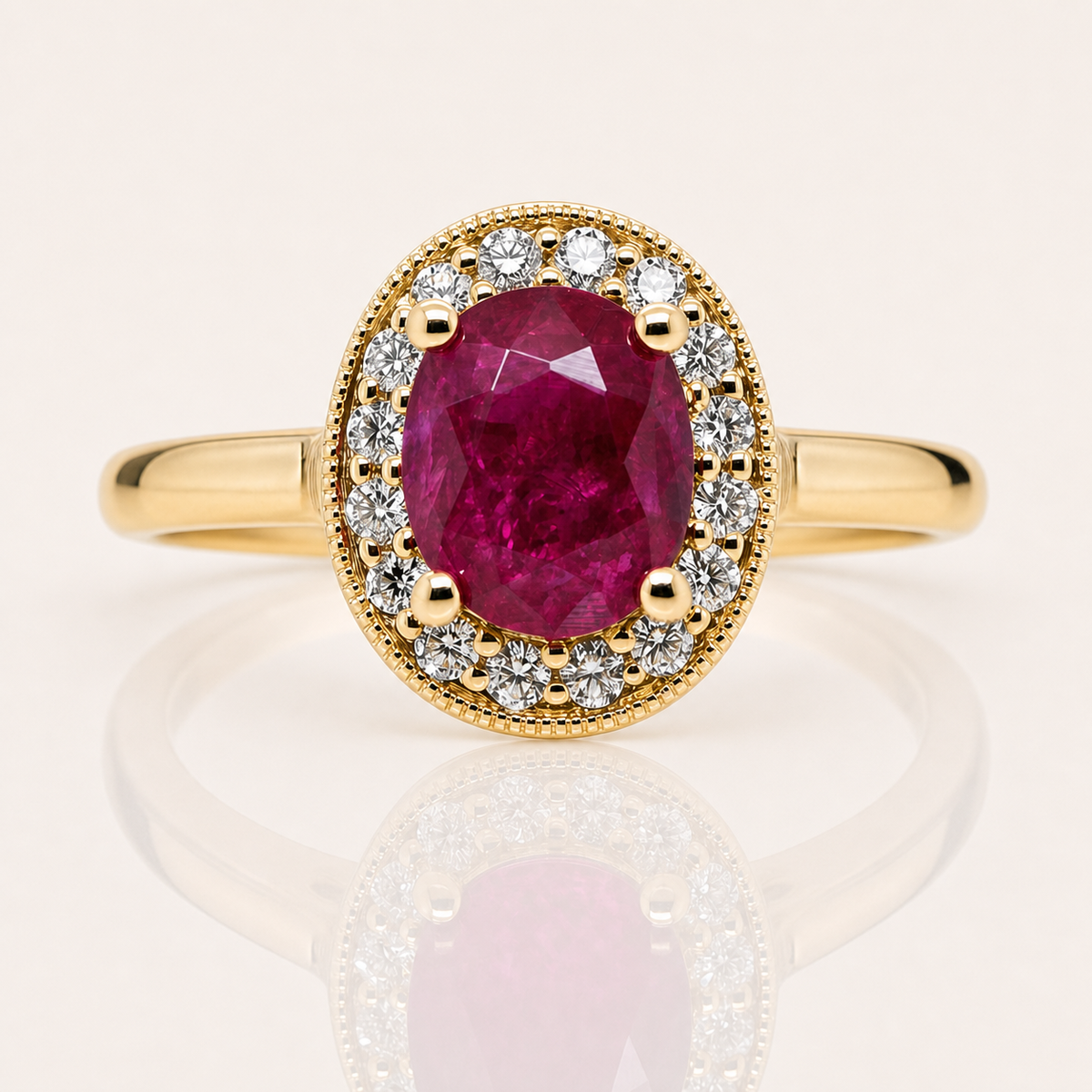 Oval Ruby & Diamond Halo Ring | 18ct Yellow Gold