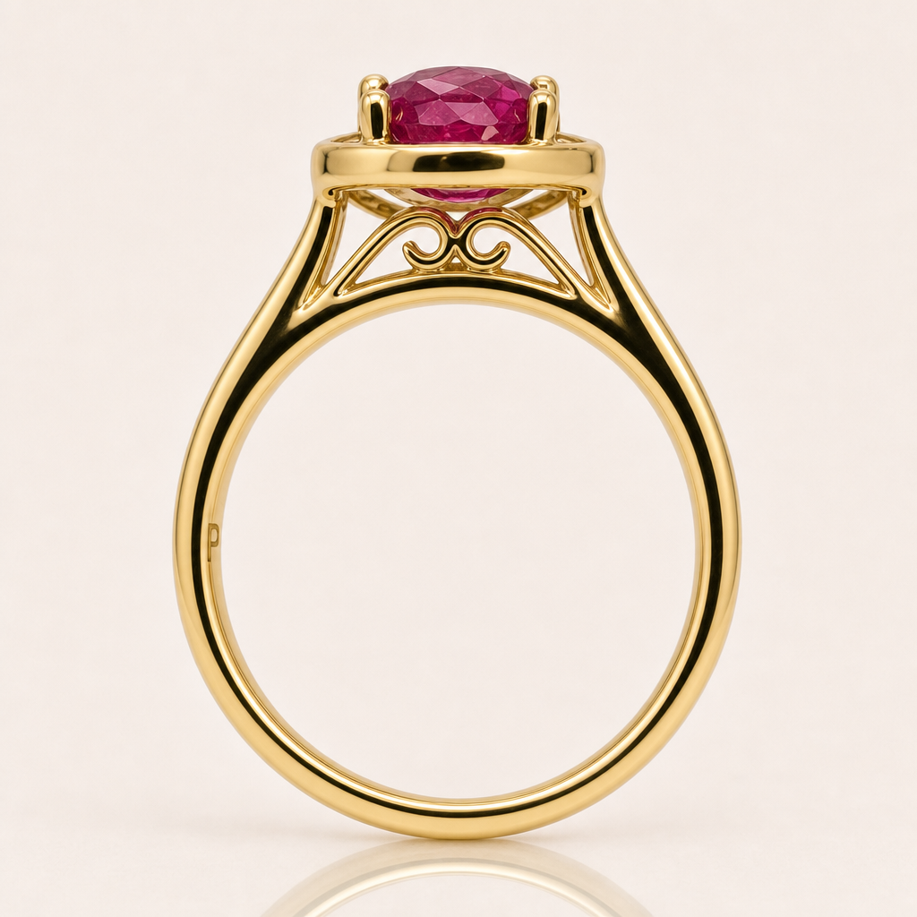 Oval Ruby & Diamond Halo Ring | 18ct Yellow Gold