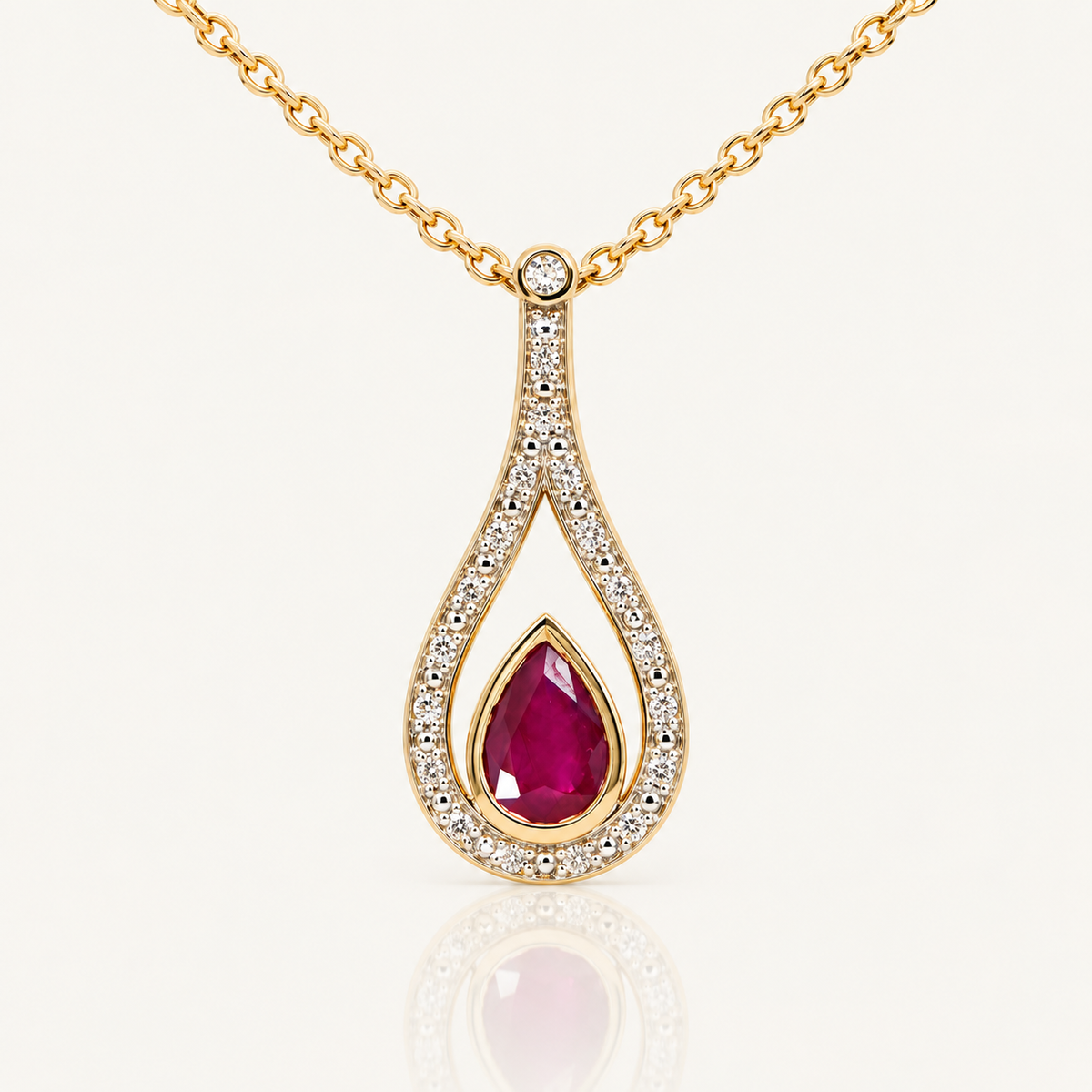 Pear Ruby & Diamond Teardrop Pendant | 9ct Yellow Gold