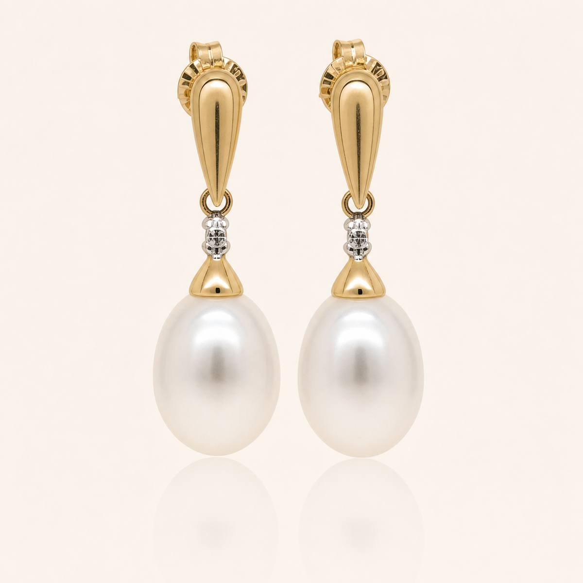 Freshwater Pearl & Diamond Drop Earrings | 9ct Yellow Gold