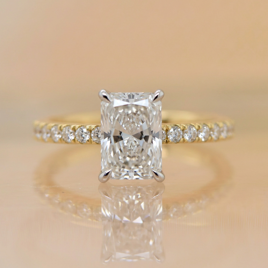 Penny | 2.07ct Radiant Cut Lab Grown Diamond Engagement Ring | Hidden Halo & Diamond Band | 18ct Yellow & White Gold