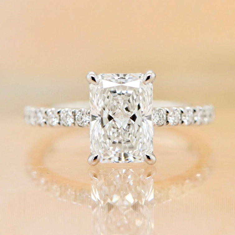 Penny | 2.05ct Radiant Cut Lab Grown Diamond Engagement Ring | Hidden Halo & Diamond Band | 18ct White Gold