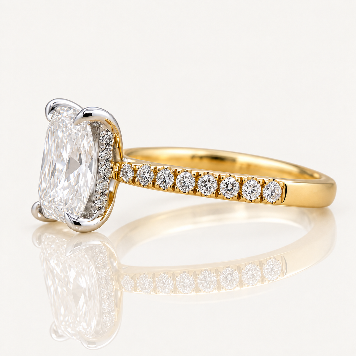 Penny | 2.07ct Radiant Cut Lab Grown Diamond Engagement Ring | Hidden Halo & Diamond Band | 18ct Yellow & White Gold