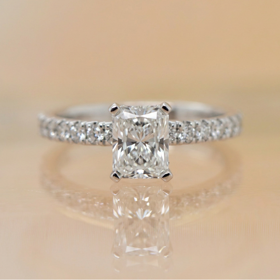Penny | 1.01ct Radiant Cut Natural Diamond Engagement Ring | Hidden Halo & Diamond Band | 18ct White Gold