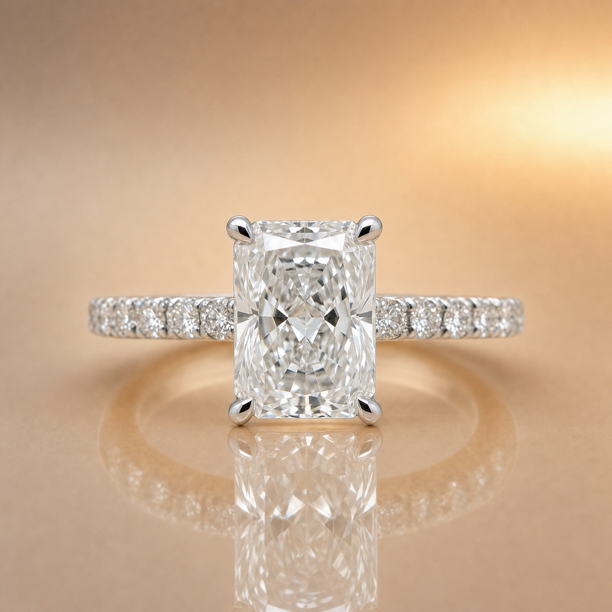 Penny | 2.05ct Radiant Cut Lab Grown Diamond Engagement Ring | Hidden Halo & Diamond Band | 18ct White Gold