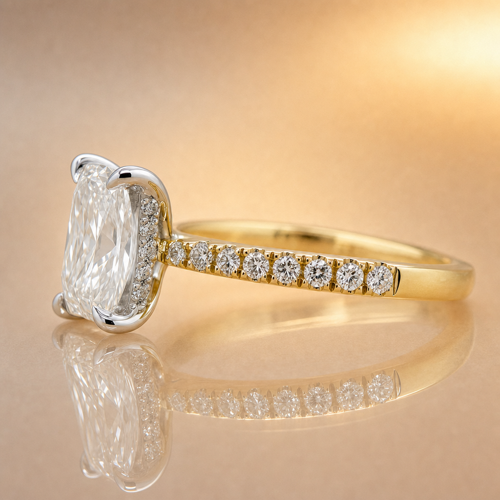 Penny | 2.07ct Radiant Cut Lab Grown Diamond Engagement Ring | Hidden Halo & Diamond Band | 18ct Yellow & White Gold