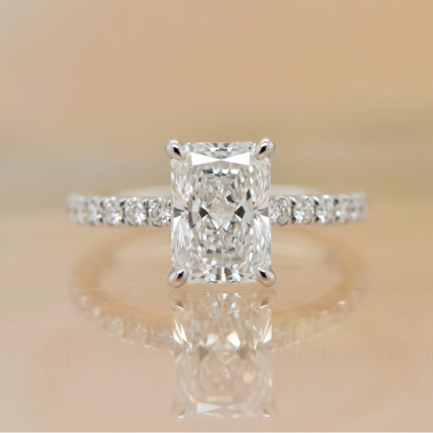 Penny | 2.05ct Radiant Cut Lab Grown Diamond Engagement Ring | Hidden Halo & Diamond Band | 18ct White Gold