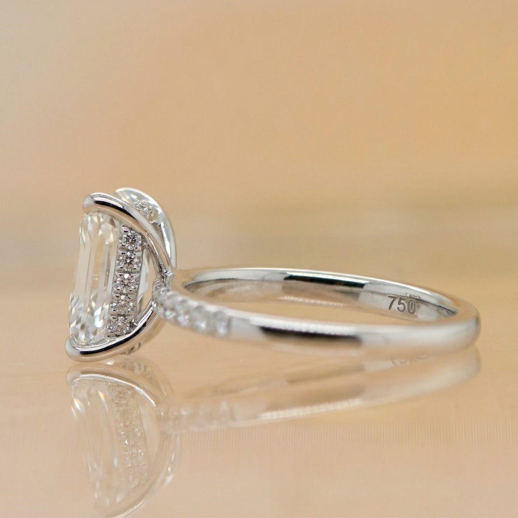 Penny | 2.05ct Radiant Cut Lab Grown Diamond Engagement Ring | Hidden Halo & Diamond Band | 18ct White Gold