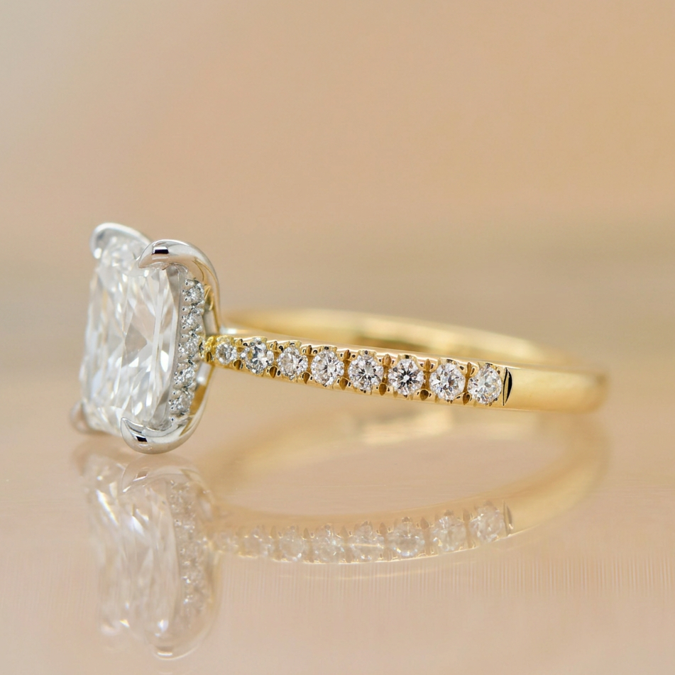 Penny | 2.07ct Radiant Cut Lab Grown Diamond Engagement Ring | Hidden Halo & Diamond Band | 18ct Yellow & White Gold