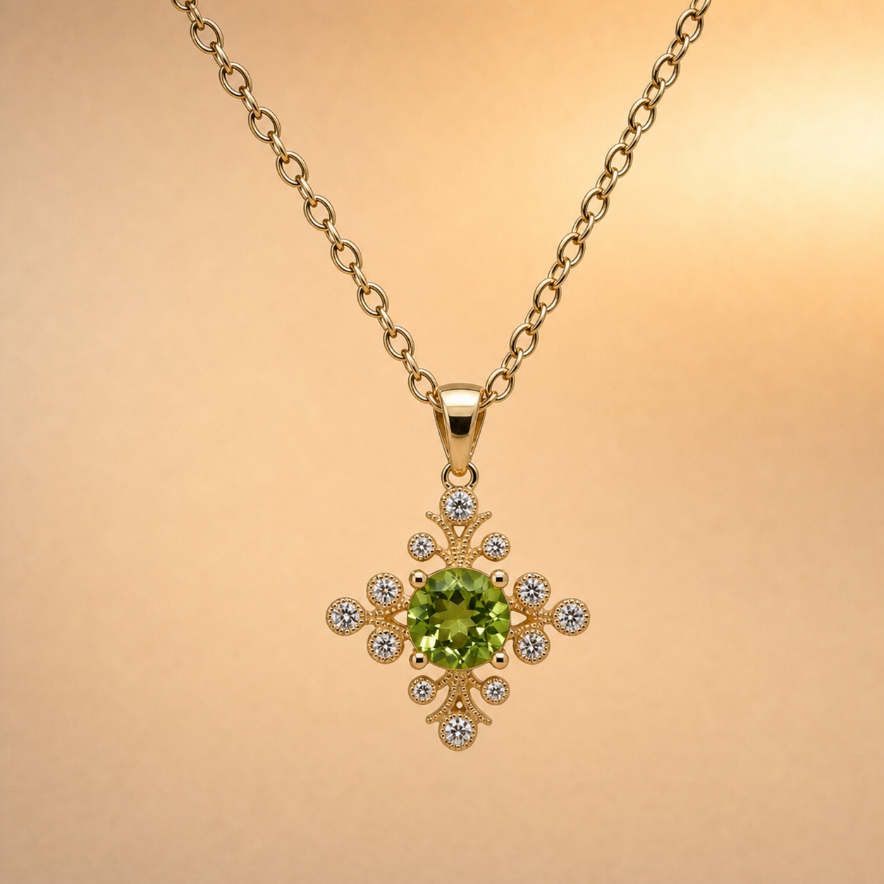 A gold pendant necklace featuring a central green peridot gemstone surrounded by small clear accent stones, suspended from a delicate gold chain against a warm beige background.