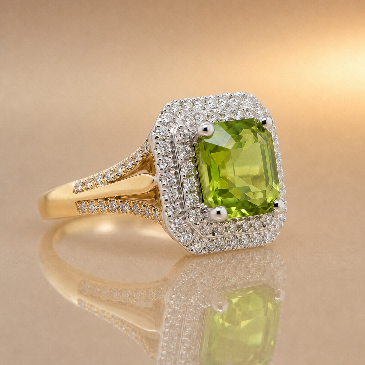 9ct Yellow & White Gold Peridot Double Halo Ring