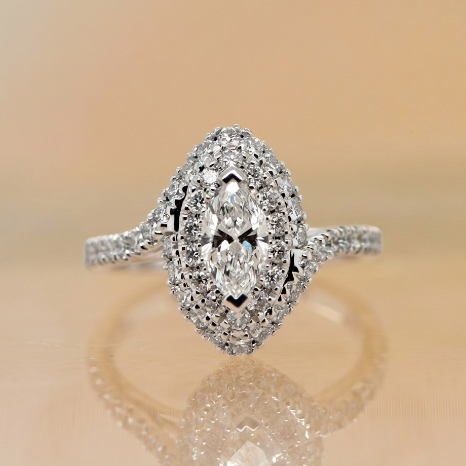 Primrose | 0.50ct Marquise Cut Lab Grown Diamond Engagement Ring | Double Halo & Twisted Diamond Band | 18ct White Gold
