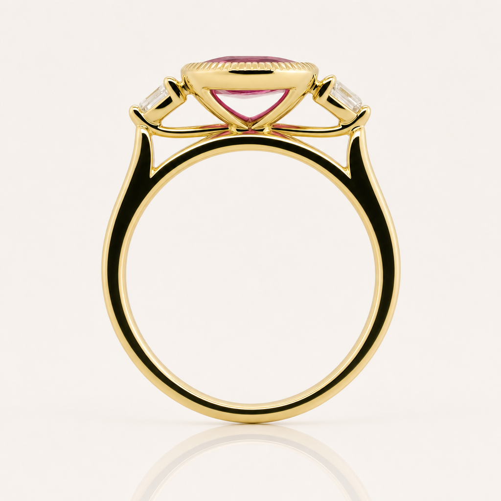 Daphne | Oval Ruby & Diamond Three-Stone Ring | 9ct Yellow Gold | Exclusively Paton's Place