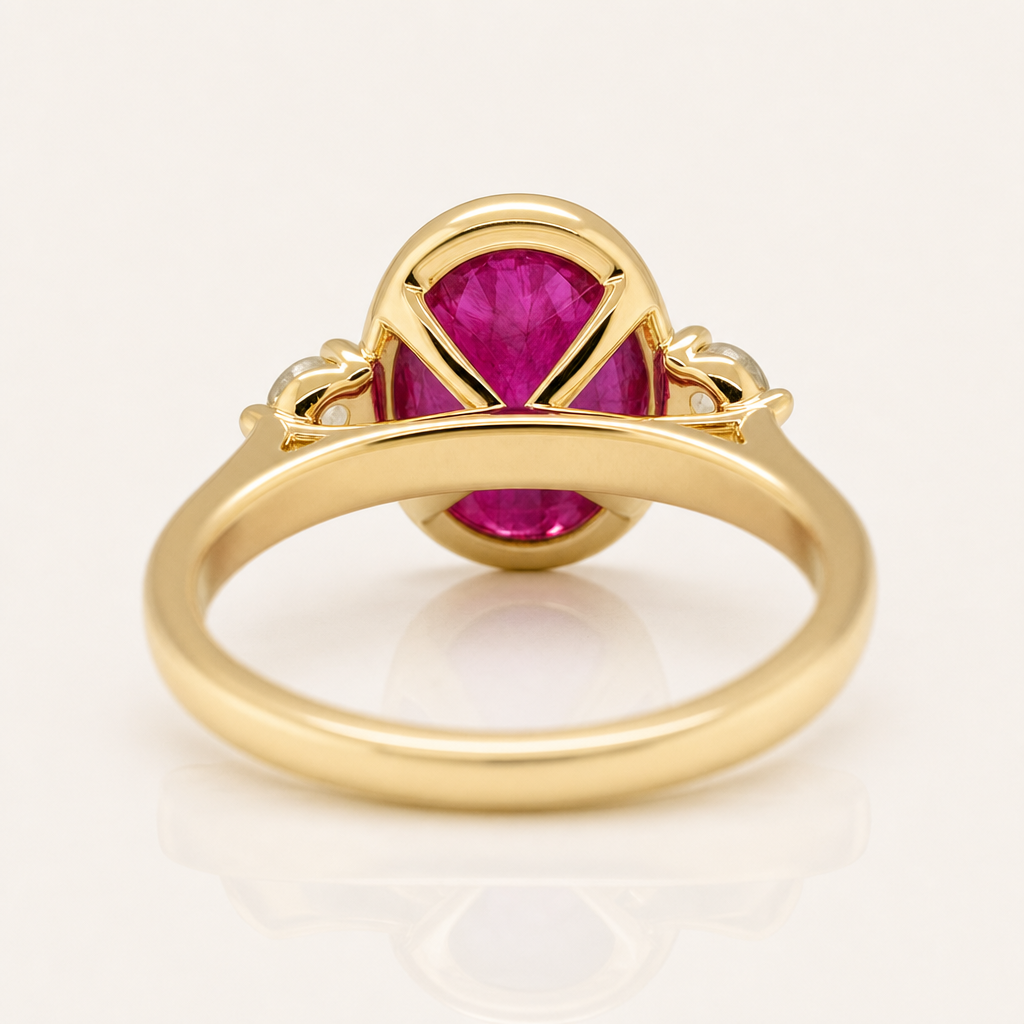 Daphne | Oval Ruby & Diamond Three-Stone Ring | 9ct Yellow Gold | Exclusively Paton's Place