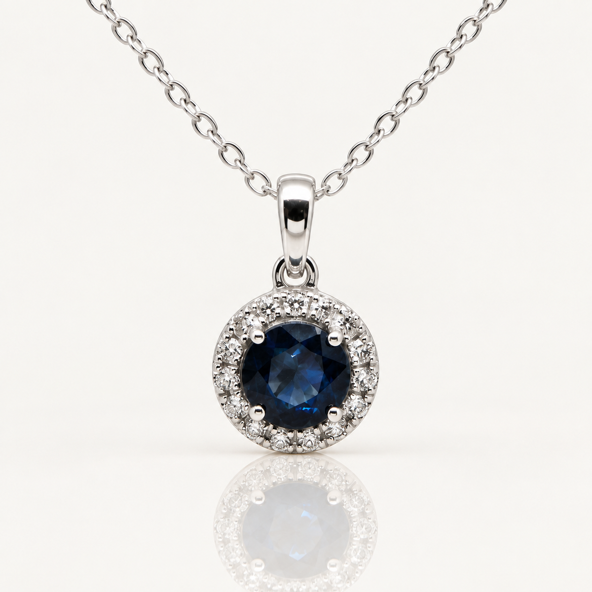 Round Sapphire & Diamond Halo Stud Earrings | 9ct White Gold