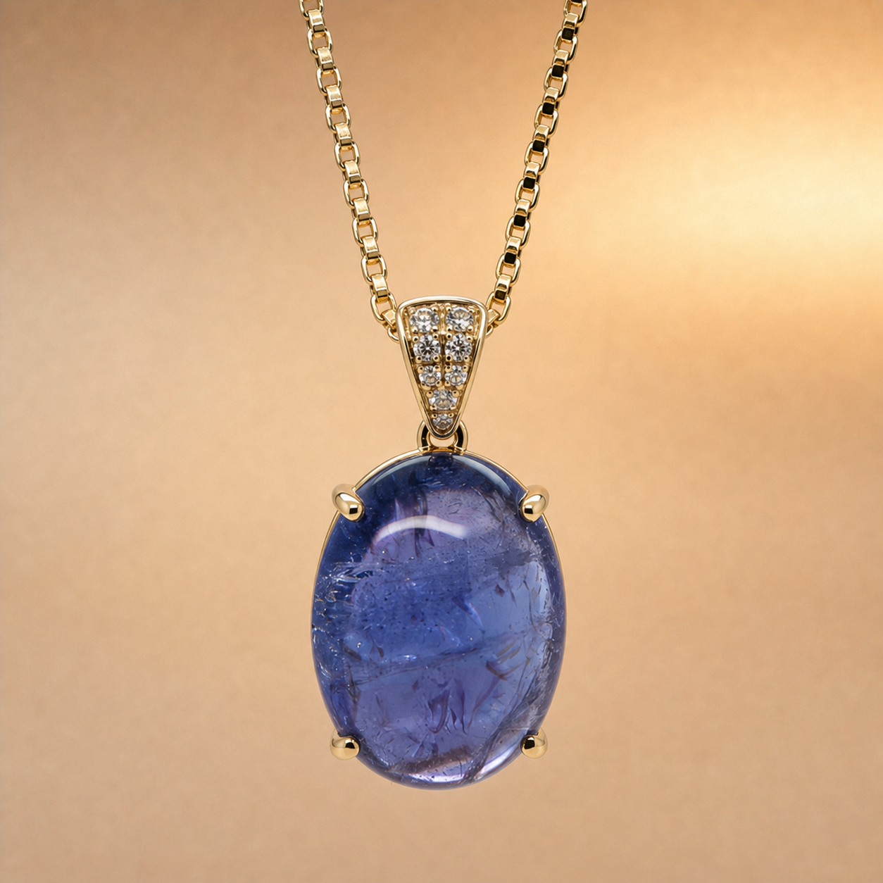 Oval Cabochon Tanzanite & Diamond Pendant | 18ct Yellow Gold