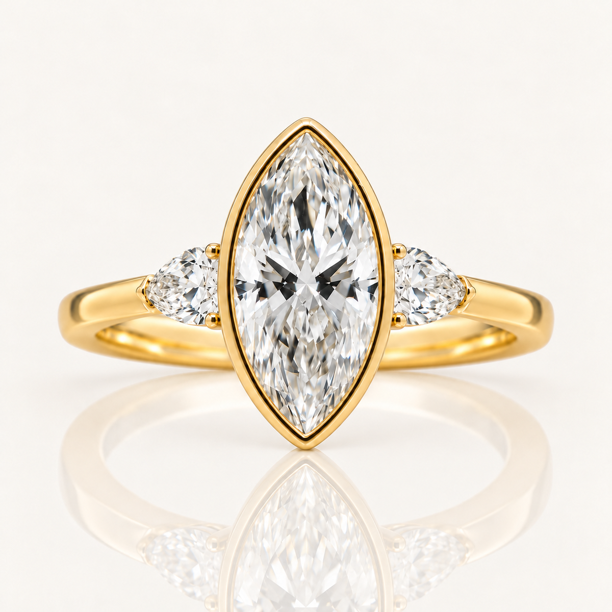 3.07ct Marquise Lab Grown Diamond Bezel Engagement Ring with Pear Sides | 9ct Yellow Gold