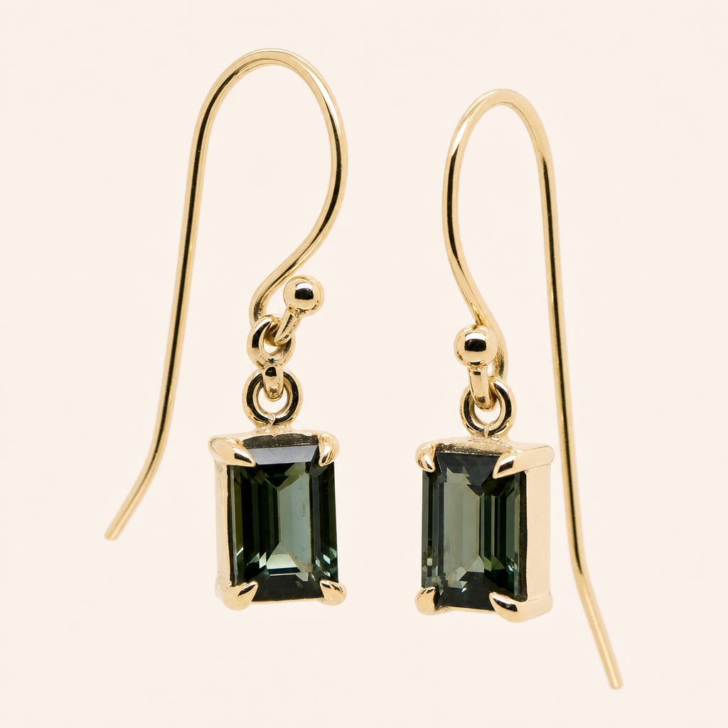 Emerald Cut Green Tourmaline Drop Earrings | 9ct Yellow Gold