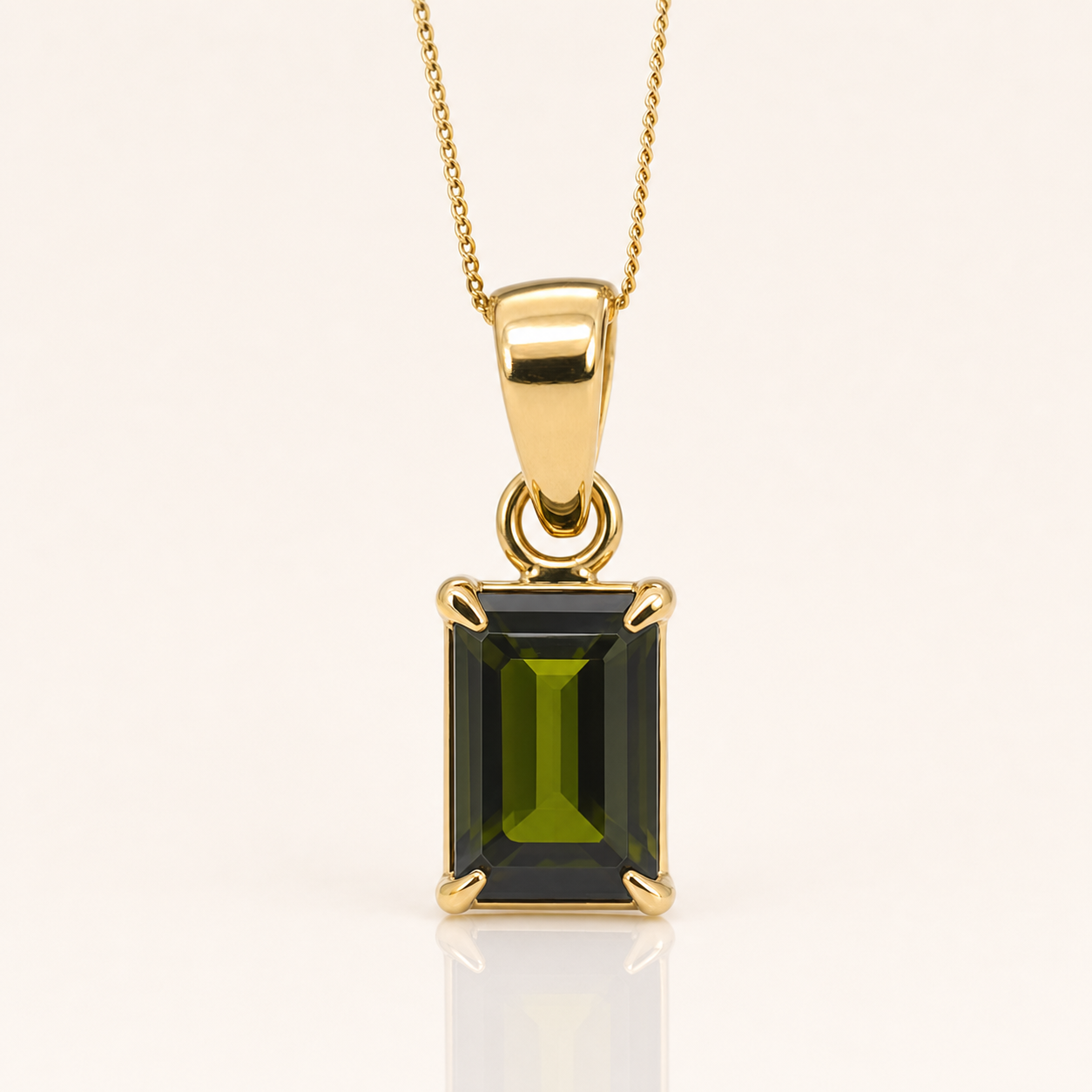 Emerald Cut Green Tourmaline Pendant | 9ct Yellow Gold