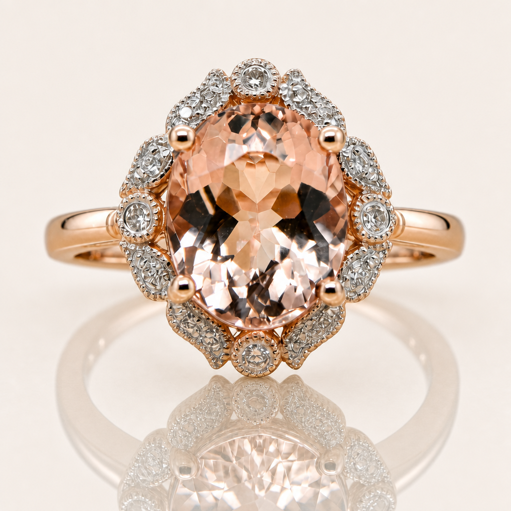 A rose gold ring featuring a large oval-cut peach-colored center stone surrounded by a halo of small clear stones, shown on a clean light beige background with a soft reflection below.