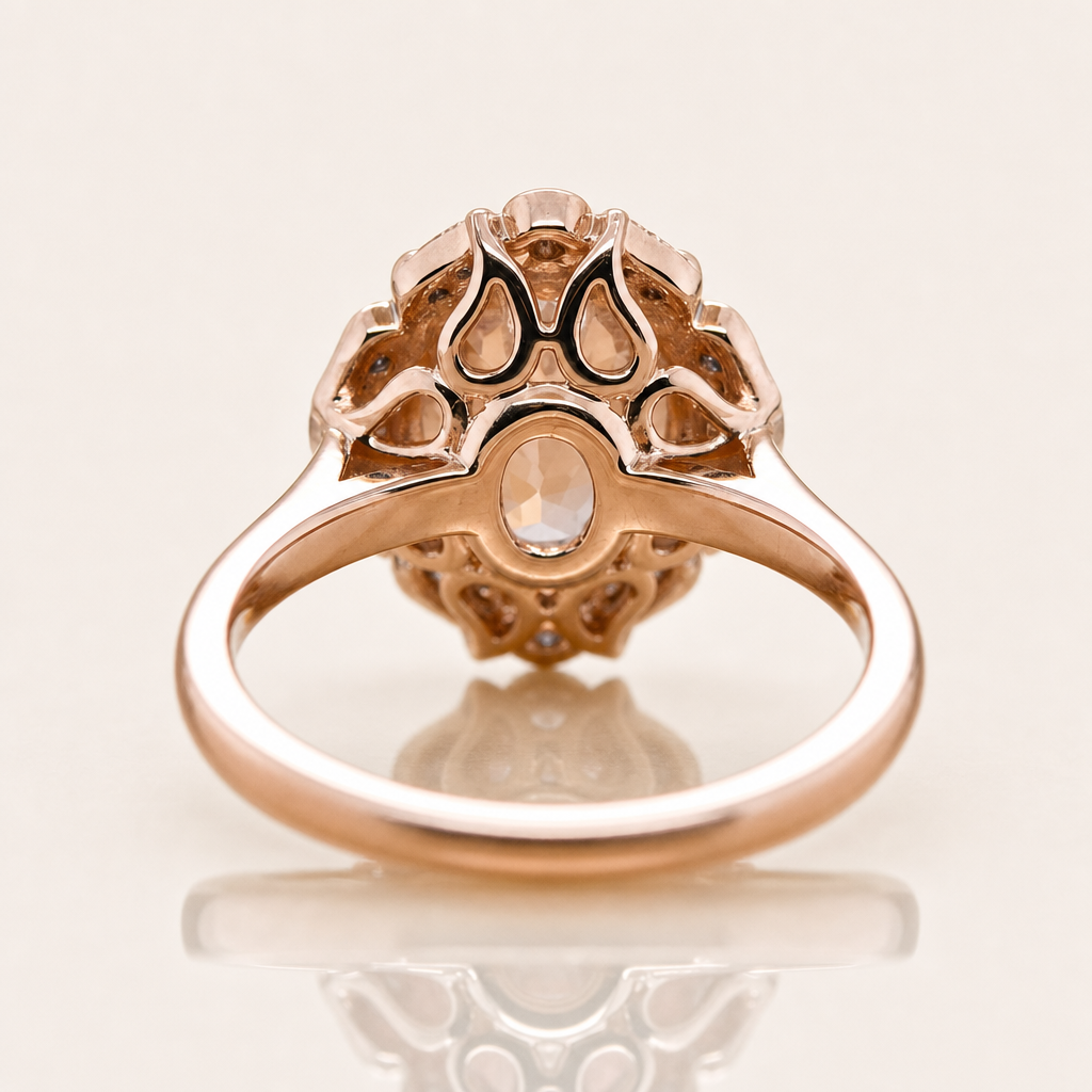 A rose gold ring with an intricate filigree crown and a central clear oval gemstone, shown from a top-down view on a reflective surface.