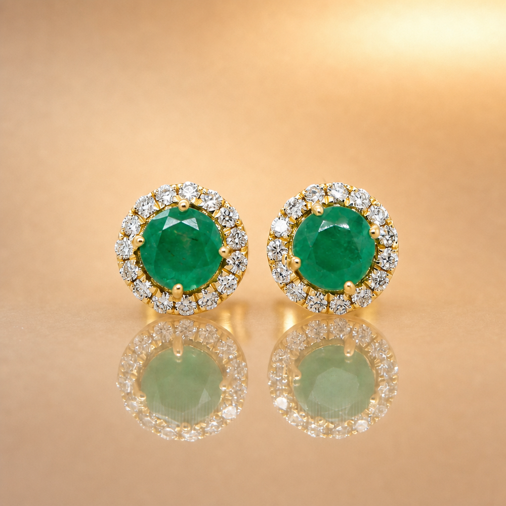 YG Emerald & Diamond stud earrings