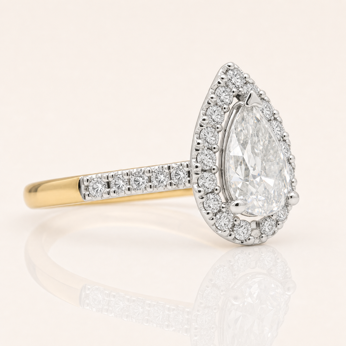 Pear Halo Lab Grown Diamond Engagement Ring | 1.02ct | Diamond Set Shoulders | 9ct Yellow & White Gold
