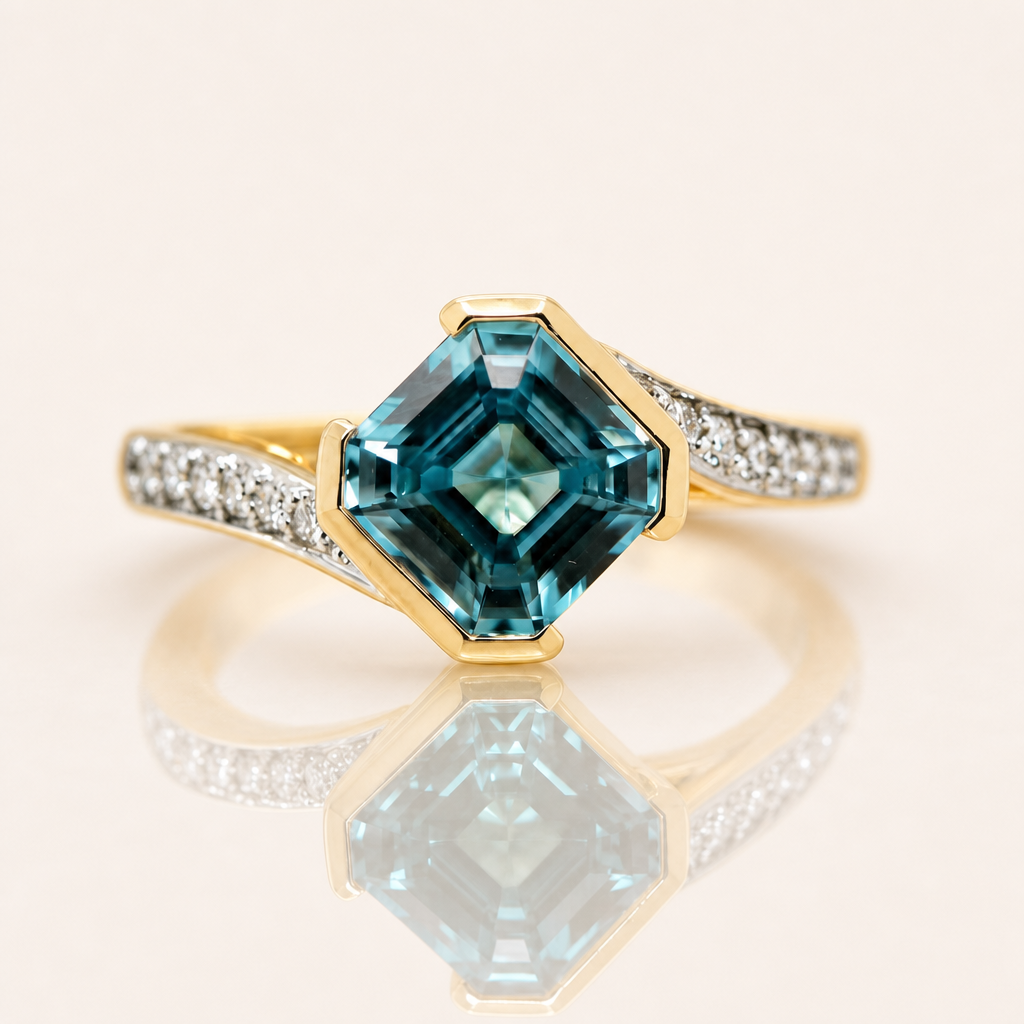 Gemma | 9ct Yellow & White Gold Blue Zircon & Diamond Ring | Exclusively Paton's Place