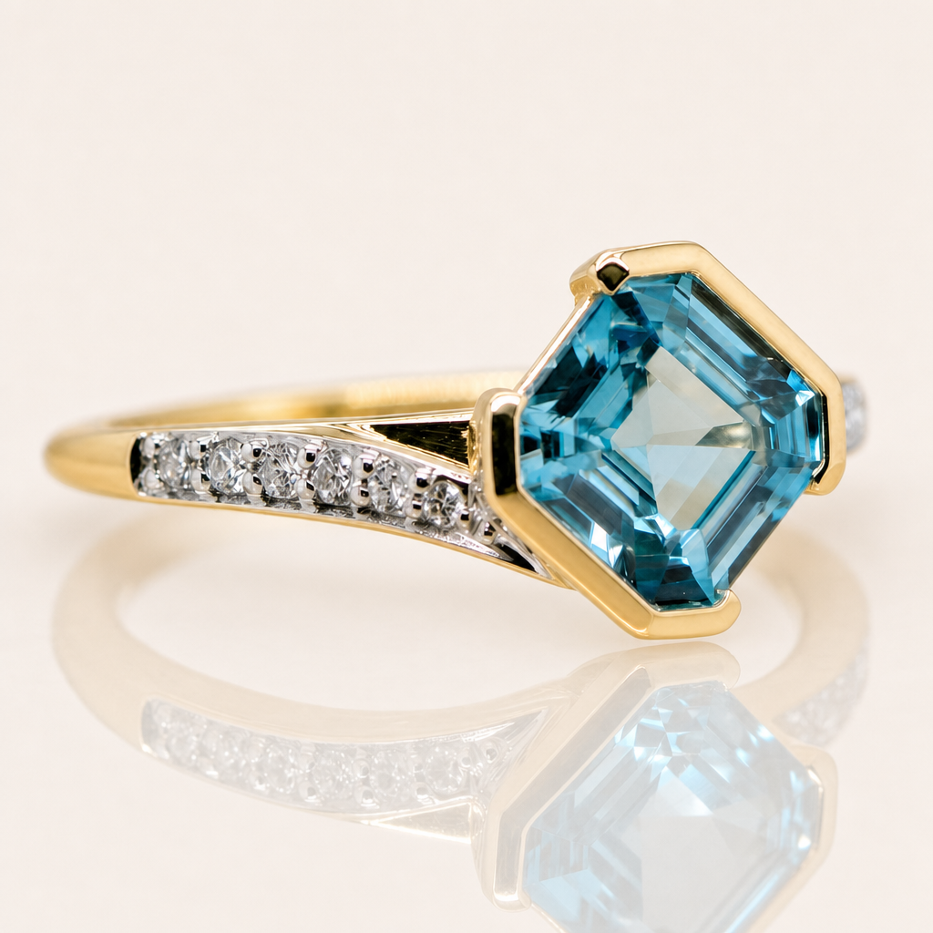 Gemma | 9ct Yellow & White Gold Blue Zircon & Diamond Ring | Exclusively Paton's Place