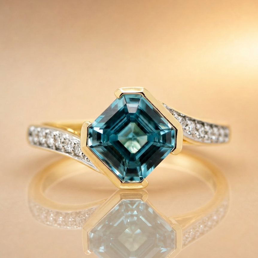 Gold ring with blue gemstone and diamond accents on a beige background