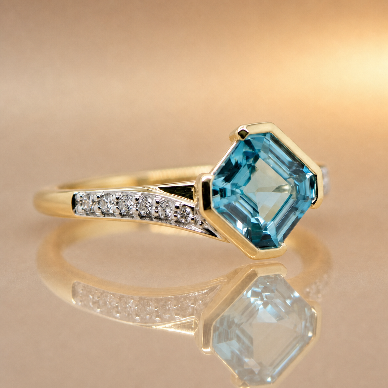 9ct Yellow & White Gold Blue Zircon & Diamond Ring
