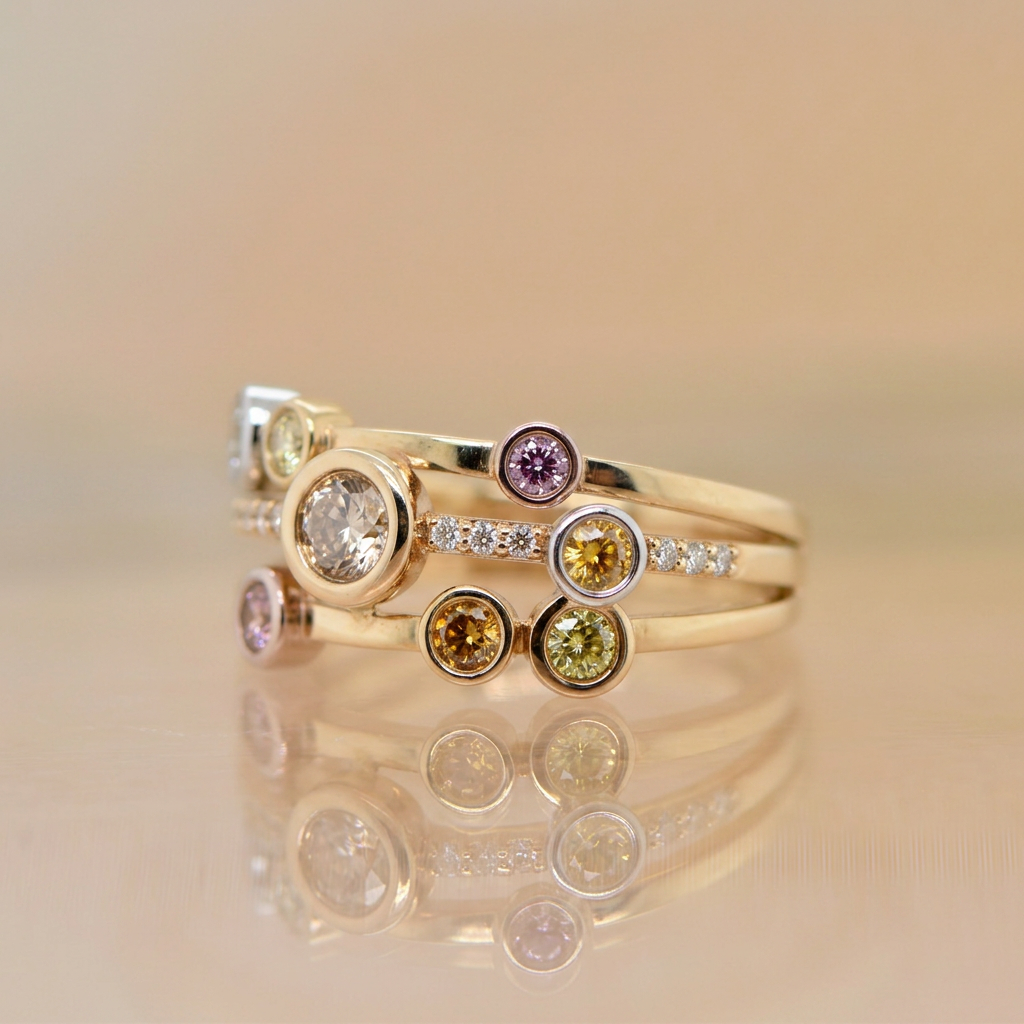 18ct Yellow Gold Natural Fancy Coloured Diamond Stacked Ring