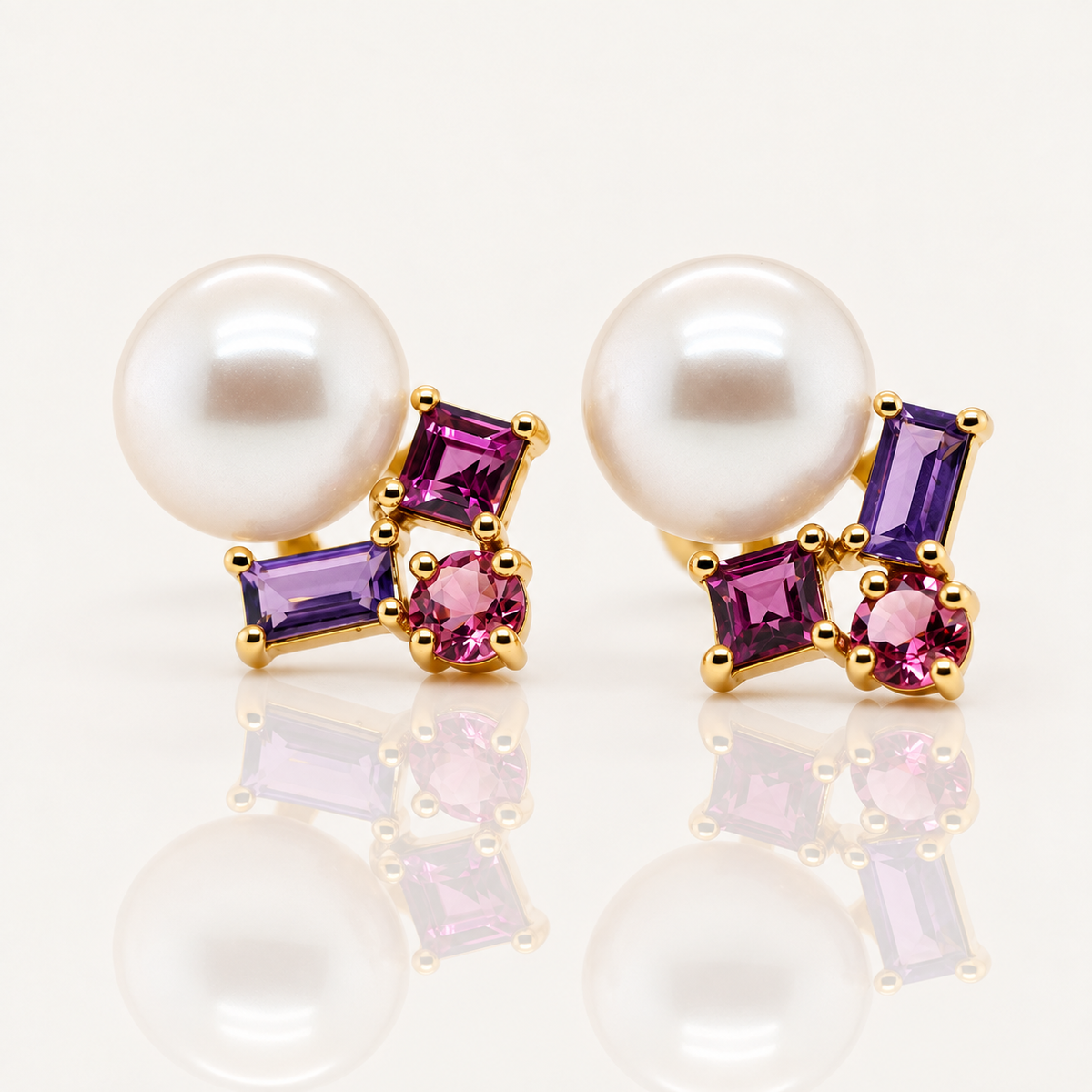Freshwater Pearl, Amethyst, Pink Tourmaline & Rhodolite Stud Earrings | 9ct Yellow Gold